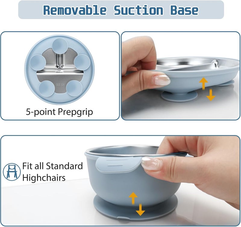 mislili Stainless Steel Kids Plates and Bowls Set with Suction, Divided Baby Plate and Toddler Bowl with Removable Silicone Suction,Stainless Steel Weaning Bundle, Silicone Baby Feeding Set (Blue) - Image 4